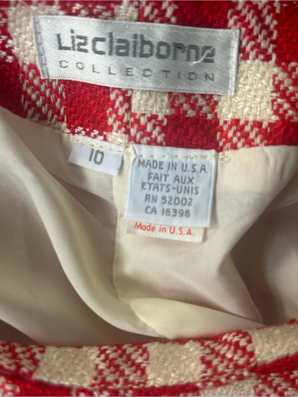 VTG 1980s Liz Claiborne Gingham Skirt Sz 10 Red White Checked Rayon Silk Lined - Picture 8 of 11